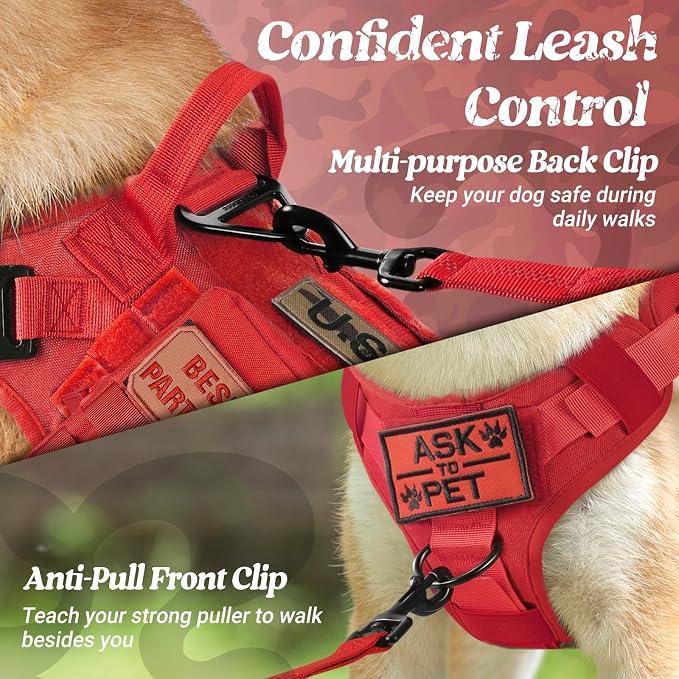 rabbitgoo Tactical Dog Harness for Large, Heavy Duty Military No Pull Vest | Sturdy Metal Buckles, 5 Adjustments, Molle System, Powerful Pullers for Training, Hunting, Outdoor, Red, Large
