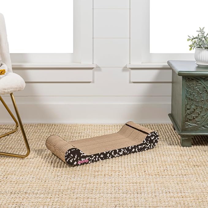 CSR1003B Rini 23.75" Modern Cardboard Lounge Bed Cat Scratcher with Built-in Bell Toys and Catnip, Black/White