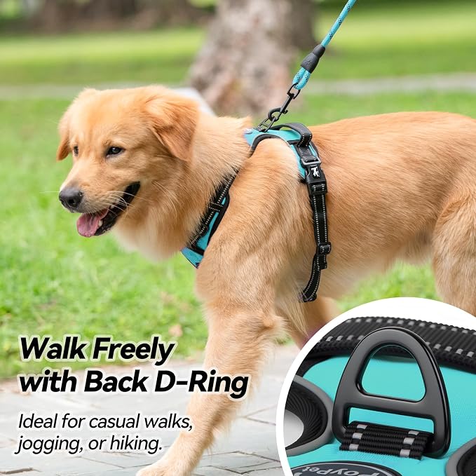 PoyPet No Pull Dog Harness Large with Front Clip & Neck Release Buckle | No Choke, Adjustable Vest, Reflective, Back Clip, Lockable, Soft Padded Handle for Walking Training, L, Mint Blue