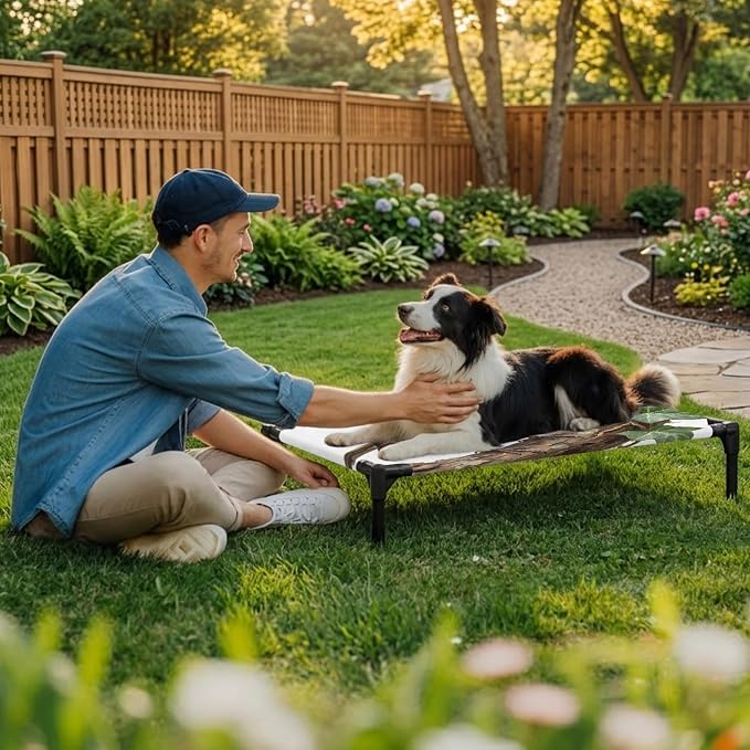 Outdoor Elevated Dog Bed for Medium Dogs, Bird Breathable Cooling Raised Dog Cot for Indoor/Outdoor, Ivy Branch Animal Green Botanical Leaf Waterproof Elevated Pet Beds, M 24 x 20 in