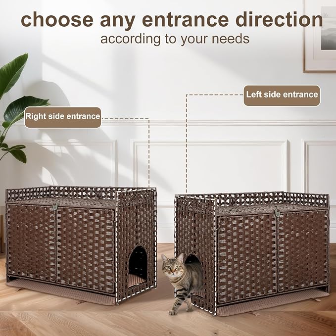Hidden Cat Litter Box Furniture Enclosure – Handwoven Rattan Pet House with Removable Mat, Large Indoor Cat Litter Box with Elevated Metal Feet (30.3x18.2x24.5in), Modern Design for Living Room,Brown