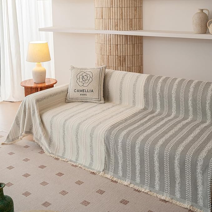 VClife Chenille Sofa Cover Bohemian Striped Pattern Couch Cover for 2 Cushion Sofa - Cream and Gray Textured Sofa Slipcover Washable Furniture Protector for Couch Decorative Couch Cushion Cover