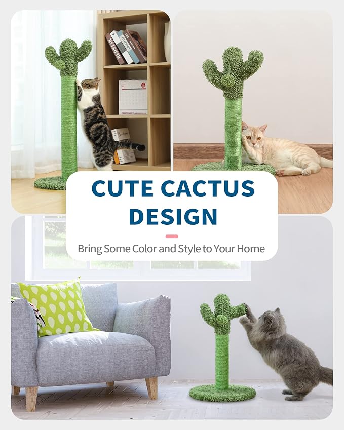 Made4Pets Tall Cactus Cat Scratching Post for Large Indoor Cats, 33.9" | Tall Cactus Cat Tree with Natural Sisal Rope, Stable Base and Plush Ball for Full-Body Stretching and Healthy Scratching