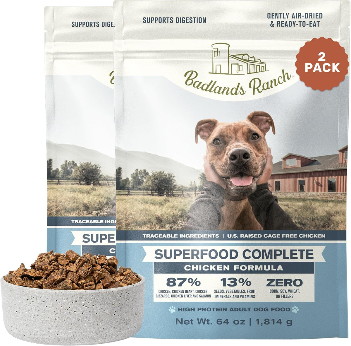 BADLANDS RANCH by Katherine Heigl- Superfood Complete, Air-Dried Adult Dog Food - High Protein, Zero Fillers, Superfood Nutrition (64 Ounce (Pack of 2), Chicken)