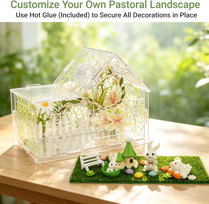 Acrylic Jumping Spider Enclosure Kit 27PCS with Decor | 27-in-1 whimsical set with cloud decor, green house, bunny figurines, ideal for mantis & tarantula