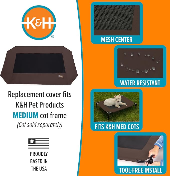 K&H Outdoor Elevated Dog Bed Pet Cot Replacement Cover, Medium, Chocolate | Designed to fit K&H Medium Pet Cots (Sold Separately), Indoor Outdoor Dog Bed, Breathable Mesh Center, Machine Wash, 32x25in
