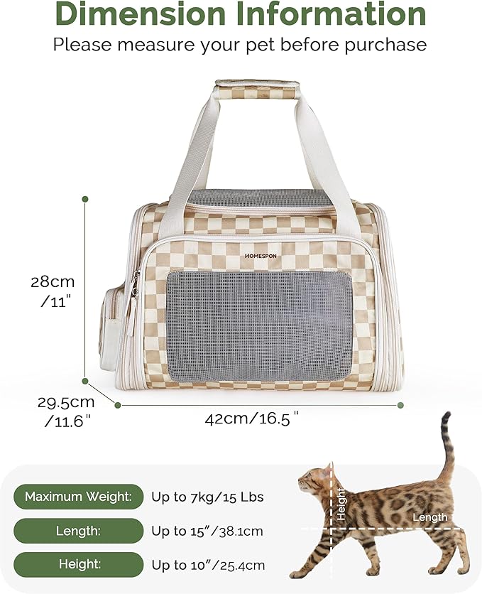 Homespon Soft-Sided Cat Carrier Dog Carrier, 34.5L Airline Approved Pet Carrier, Collapsible Travel Bag with Removable Bed for Small Dogs & Cats (Khaki Checkboard)