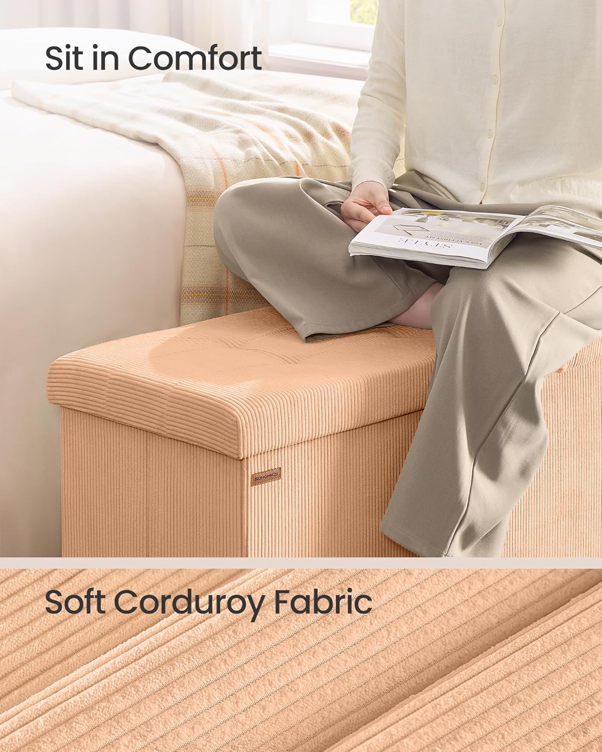 SONGMICS MAZIE Collection - Storage Ottoman Bench, Foldable Foot Rest, 15 x 43 x 15 Inches, End of Bed Bench, Storage Chest, Load 660 lb, Living Room, Bedroom, Entryway, Apricot ULSF604O01