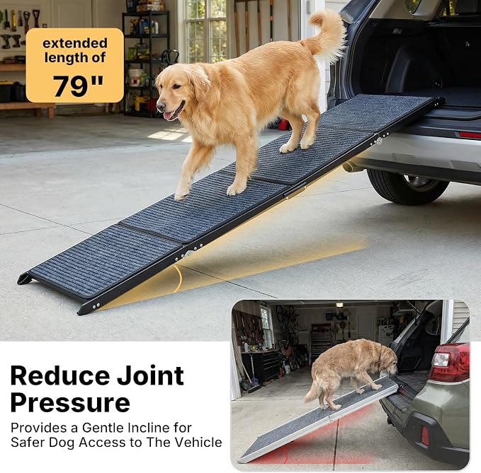 Veehoo Foldable Dog Ramp for Car Truck SUV Extra Large Wide 79" L 20" W | Outdoor Dog Ramp Heavy Duty for Pickup Trucks Minivan Portable Metal Pet Ramps for Injured Senior Dogs, Support up to 150lbs