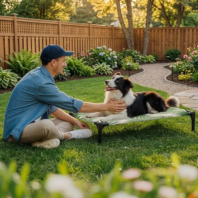 Outdoor Elevated Dog Bed for Large Dogs, Summer Leaves Breathable Cooling Raised Dog Cot for Indoor/Outdoor, Rustic Tropical Palm Leaf Plants Branches Waterproof Elevated Pet Beds, L 28 x 22 in