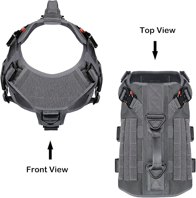 ICEFANG No Pull Tactical Dog Harness for X-Large Dogs,Adjustable Dog Vest | Control Handle,MOLLE Panel,Front Hook,3 Leash Clips,Soft Padded,for walking training,Grey,X-Large