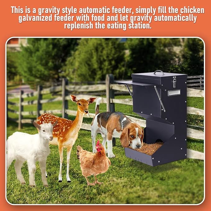 Outdoor Automatic Dog Feeder Large Breed 25 lbs Gravity Dog Feeder | Galvanized Metal Self Feeding Dog Food Dispenser Hanging Pet Food Feeders for Dogs Chickens and Farm Animals