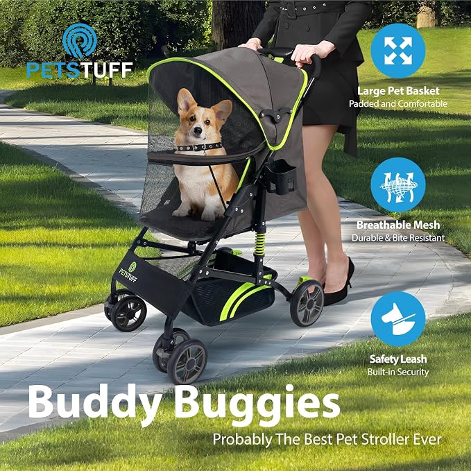 22” Buddy Buggies Foldable Pet Stroller - Shock Absorbing Frame with Storage - Machine Washable Fabric - Durable Mesh & UV Protected Retractable Canopy - Cat & Dog Stroller Up to 30lb