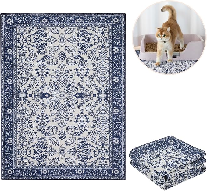 Lovewag Cat Litter Mat, Litter Box Mat, Indigo Garden, 36x48, 2 Pack | Washable litter mat cover, kitty litter mat & cat mat for litter box, litter trapping mat, prevents tracking, multi-cat