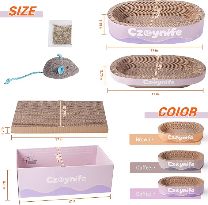 3PCS Cat Scratcher Cardboard, Oval Cat Scratch Pad Bowl Nest for Indoor Cats, Round Cat Scratching Board Corrugated Lounge Cat Bed, Furniture Protector for Couch (Purple, 17 * 11.5 in)