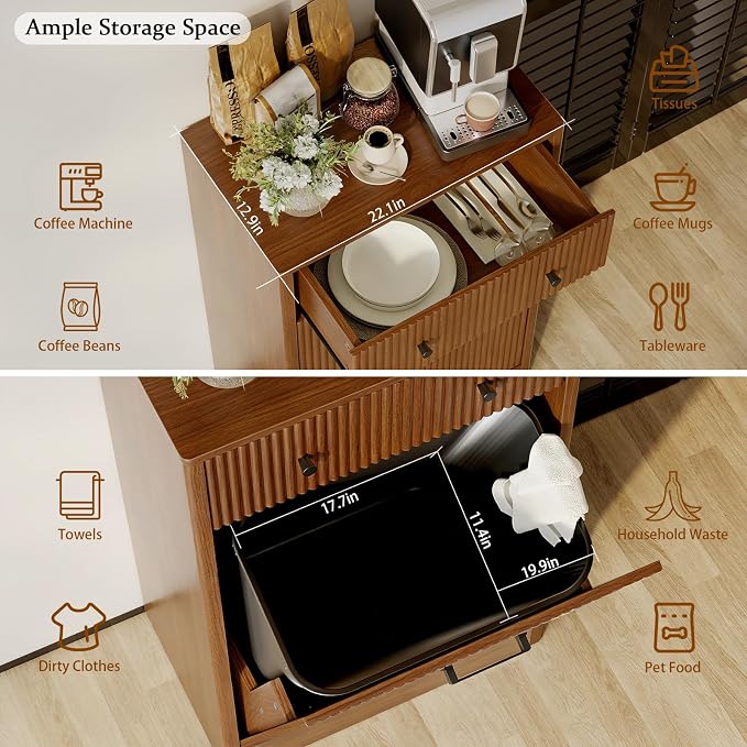 10-Gallon Single Tilt Out Trash Can Cabinet with Drawer,Kitchen Trash Can Cabinet Garbage Recycling Cabinet Wooden Dog-Proof Trash Cabinet for Dining Room and Kitchen,Laundry Room