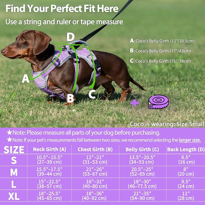 Escape Proof Dog Harness, Dachshund Harness, Reflective Dog Harness with Handle, Durable,Adjustable Vest for Small Medium Large Dogs Walking, Training, and Running Gear (Lavender Purple,S)