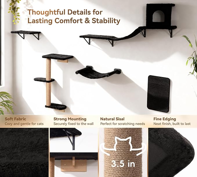 Wall Mounted Cat Furniture Combo of 5, 5 in 1 Cat Shelves with Hammock, Bridge, Climbing Tree, Scratcher & Perch – Indoor Wall Cat Playground for Large Cats, Holds Up to 30 lbs,