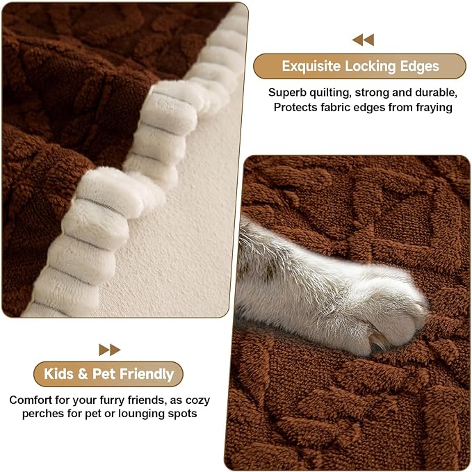 OTOB Sofa Covers for 3 Cushion Couch Washable, All Seasons Non Slip Fuzzy Pet Couch Cover, Soft Plush Geometric Jacquard Sofa Slipcovers, Kids Pet Friendly Dog Bed Mats (Dark Coffee, 27.6" x 70.9")
