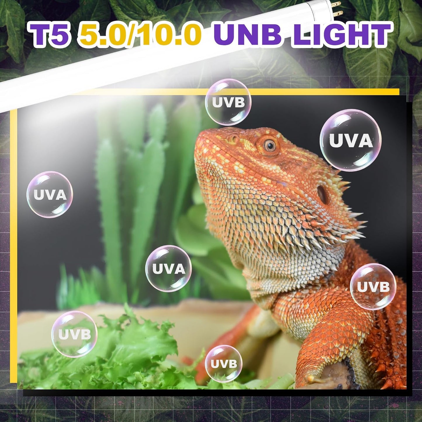 10.0 UVB Light for Reptiles, T5 HO 39 Watt Reptile Lamp Tube, Pack of 2 Fluorescent UVB Bulb, Basking Light for Bearded Dragon, Simulate Natural Sunlight for Reptiles and Amphibians