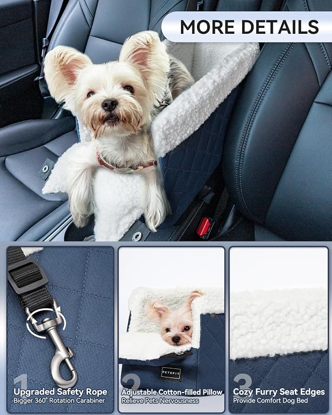 PETSFIT Puppy Car Seat with Washable Cushion, Soft Pillow, Safety Leash | Dual Seat-rail Hooks with Adjustable Straps Help Reduce Shifting, Dog Console Car Seats for Small Dogs Under 8 lbs,Blue