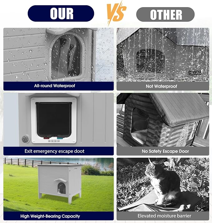 Plastic Cat House Outdoor & Indoor, Waterproof Feral Cat Houses | with Escape Door, Waterproof Outdoor Cat Shelter for Feral Stray Cat Kitty, Assemble Easily