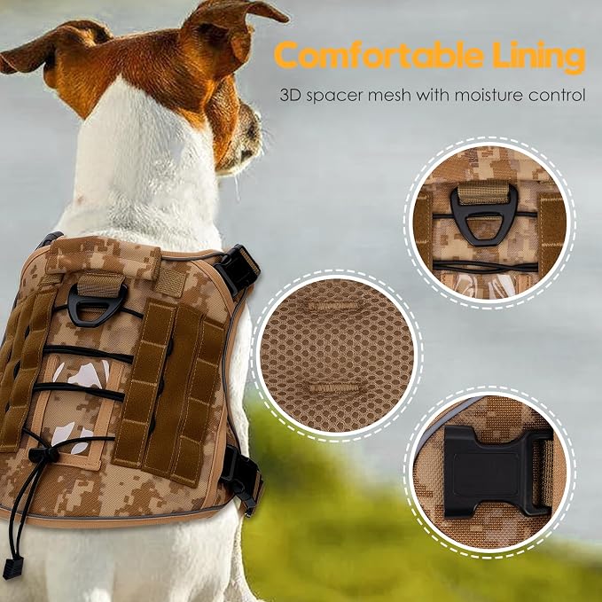 Heavy-Duty Tactical Dog Harness for Large Dogs, No Pull Adjustable Reflective Pet Vest with Molle System, K9 Military-Grade Control for Service Training, Outdoor & 10+ Breeds, Khaki Camo, X-Large