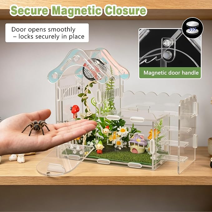 29-in-1 Jumping Spider Enclosure Kit, Acrylic Arboreal Terrarium with Magnetic Front Opening & Sliding Top, Staircase Mushroom Decor, Small Reptile Habitat for Mantis Tarantula Snail