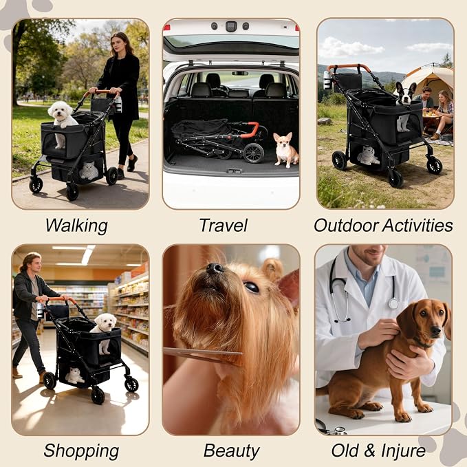 Dog Stroller for Small Pets, All-Terrain 4-Wheel Cat & Dog Carrier with 360° Front Wheels, Adjustable Handle & Canopy|Cup Holder & Storage Basket|Foldable in One Step|Ventilated Design for Comfort