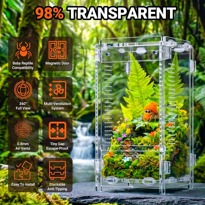 Jumping Spider Enclosure, Acrylic Terrarium with with Magnetic Doors, 0.8mm Micro-Ventilation, Stackable Escape-Proof Habitat for Jumping Spiders (3”x3”x6”x2Pack)