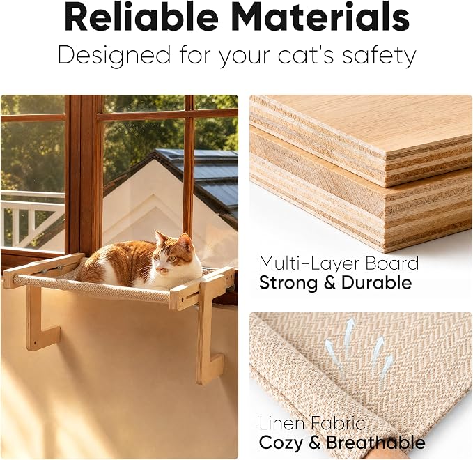 FUKUMARU Cat Window Perch, Sturdy Wood Hammock Window Bed for Indoor Cats | 3-in-1 Convertible Cat Bed for Windowsill, Bedside & Floor, Reinforced Metal Frame Hammock with Washable Linen Fabric