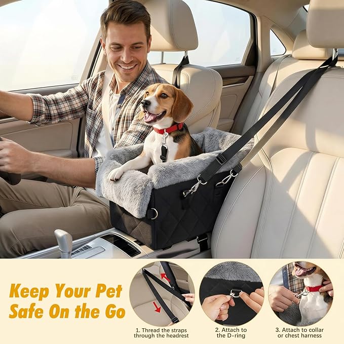 VavoPaw Center Console Dog Car Seat for Small Dogs&Cats Under 12 LBS | Puppy Car Seats with Non-Slip&Strong Support,Anti-Collapse Portable Pet Bed for Puppies with Soft Cushion Safety Belt,Black