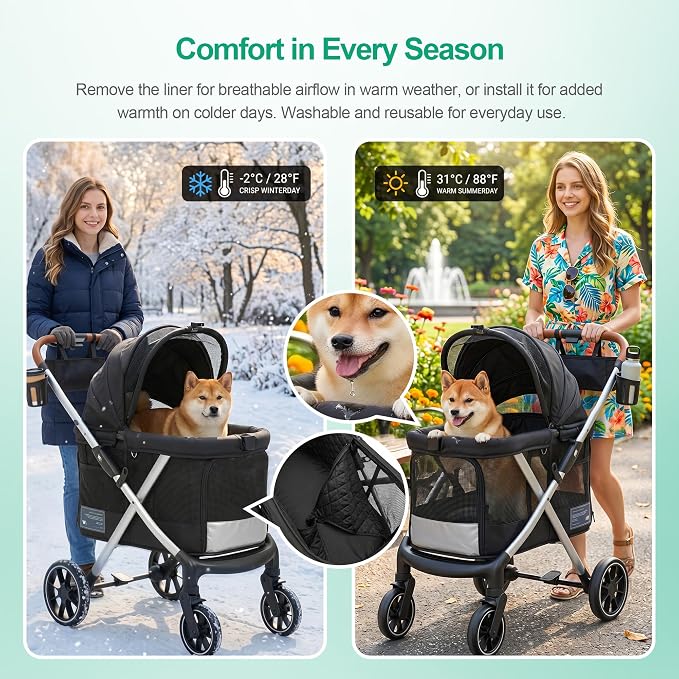 JWX Premium Pet Stroller for Small to Medium Dogs, Cats & Small Pets, One-Hand Fold Travel System, 77 lbs Capacity, All-Season Comfort Liner, Aluminum Frame, Front & Rear Entry