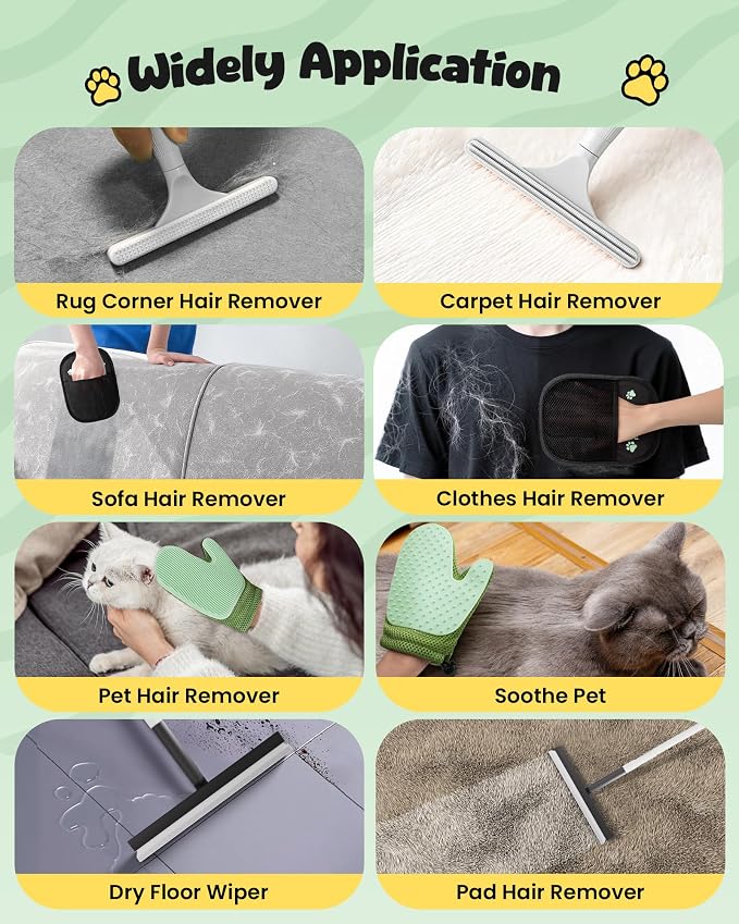 Carpet Rake for Pet Hair Removal Tool - 4 in 1 Pet Hair Remover Kit for Dog Cat Fur Remover, Contain 60" Adjustable Rubber Broom, Glove, Magic Brush and Scraper for Furniture (Black)