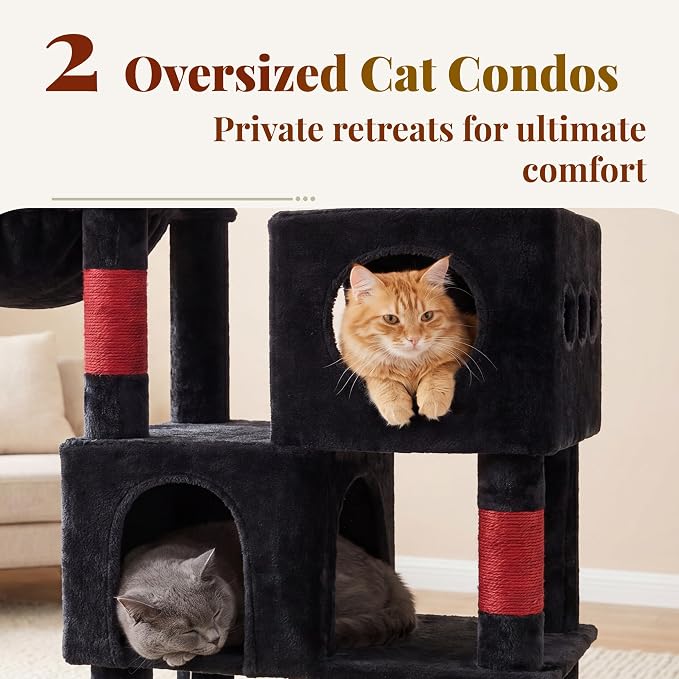 Hey-brother Cat Tree, 68.5 inch Cat Tower with L-Shaped Extended Base, Multi-Level Furniture with 2 Spacious Candos, 2 Platforms, 11 Scratching Posts, Hammock and Toy Ball,Black and Red MPJ086BR