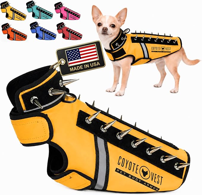 CoyoteVest SpikeVest Dog Harness, Made in the USA, XXS-Yellow | Stab-Resistant Protective Vest | Coyote Vest for Dogs | Defends Against Coyotes, Dogs, Birds of Prey | Reflective Safety
