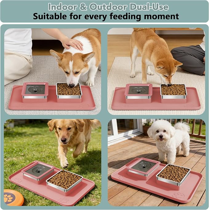 Dog Bowl Set, No Spill Dog Water and Food Bowl with Silicone Mat | Large Capacity 304 Stainless Steel Bowls, 2-In-1 Set, Slow Drinking, Anti-Slip Silicone Feeding Mat, Home/Travel, 6-7 Cups