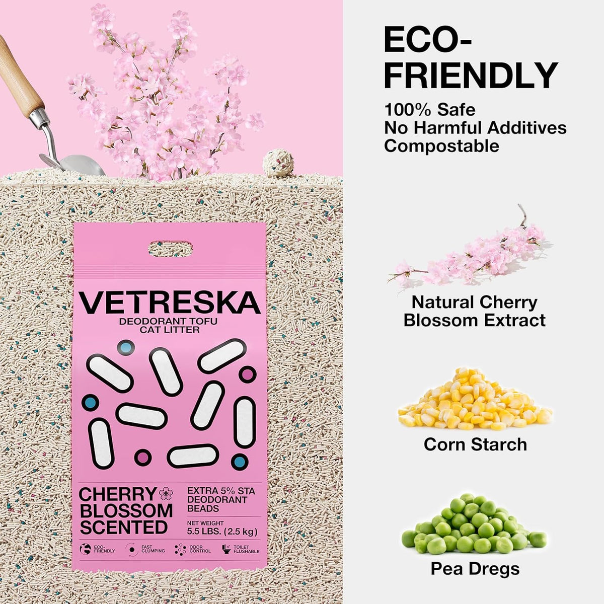 VETRESKA Cherry Blossom Tofu Cat Litter,Natural Kitty Litter Strong Clumping Flushable Cat Litter Pellets Ultra Absorbent,Dust-Free,Low Tracking,Deodorant Tofu Litter Compostable(5.5lb×2bags)