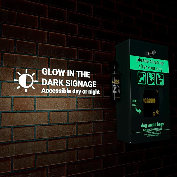 Dog Waste Station Pull Out Bag Dispenser with Hand Sanitizer Bottle - 400 Header Bags Included - Original Glow in the Dark Dog Poop Station Outdoor, Pet Waste Station with Lock and Rain Guard