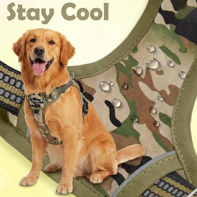 Dog Harness No Pull, Adjustable Pet Vest Harness, Super Soft Material with Vertical Handle Easy Control, Reflective Night Walking, 2 Leash Clips for Medium Sized Dogs, Camo Green, M