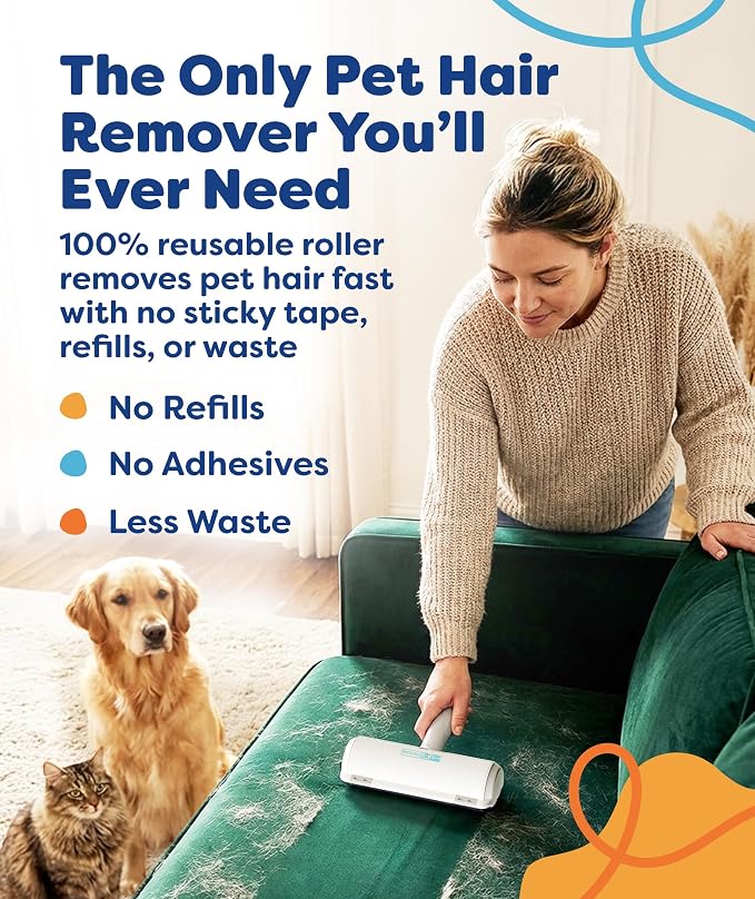 Triton Pet Hair Removal Tool w/Fur Trapping Compartment, Gray/White | 60% Smaller Storage Size, Detachable Handle, Reusable Shedding Roller, Cleaner, For Cat and Dog Hair, Couch Brush, For Car