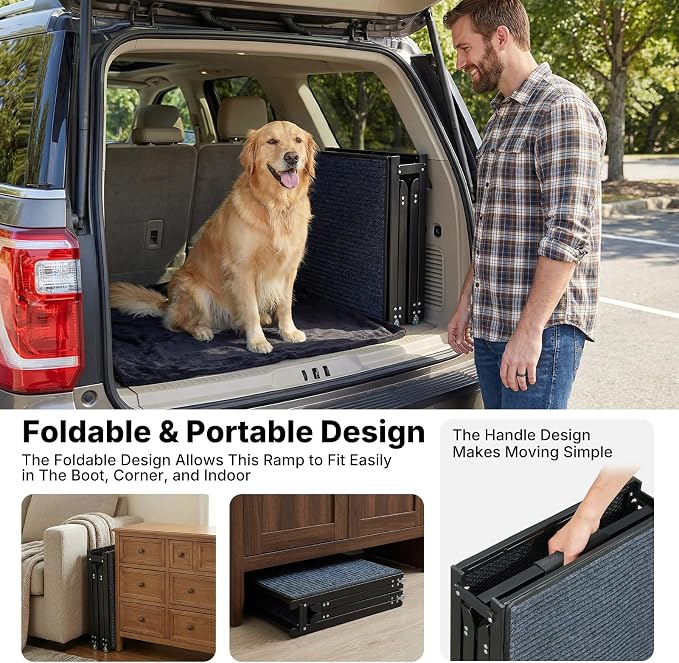 Veehoo Foldable Dog Ramp for Car Truck SUV Extra Large Wide 71" L 20" W | Outdoor Dog Ramp Heavy Duty for Pickup Trucks Minivan Portable Metal Pet Ramps for Injured Senior Dogs, Support up to 150lbs