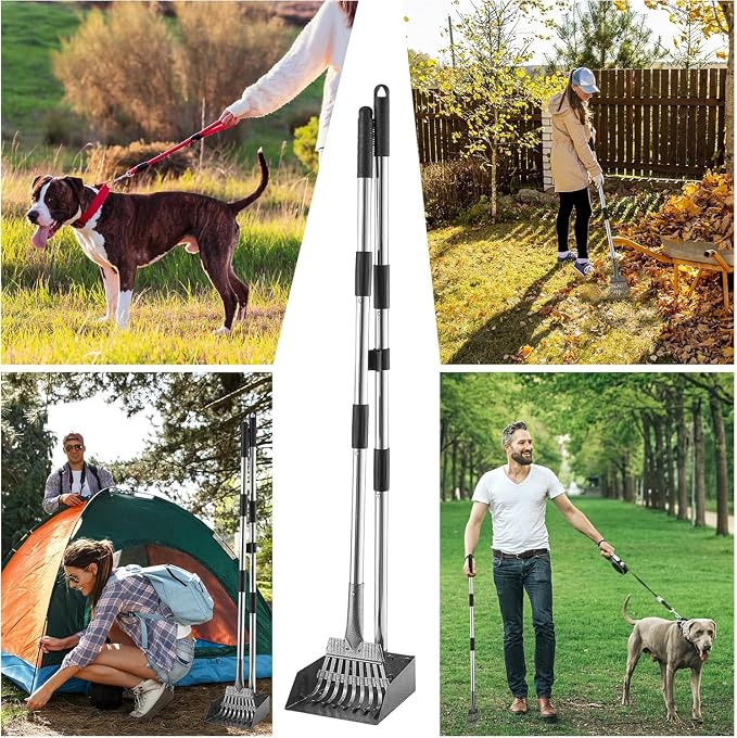 Pooper Scooper, Dog Pooper Scooper Long Handle Stainless Metal Tray and Rake for Medium Small Dogs Heavy Duty Pet Supplies to Use for Grass, Dirt or Gravel