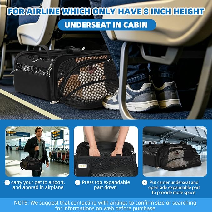 pidipiti 18x14x8 TSA Approved,top and Side Expandable pet Carrier for Extra-Small Dog Under 6 lbs,or Medium cat Under 10 lbs,for Airlines only Have 8'' Height Space underseat