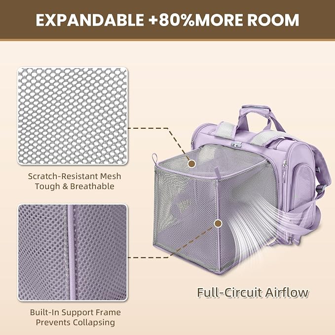 Lollimeow Expandable Cat Carrier Backpack for Large Cats - Airline Approved Pet Carrier Backpack for Small Dogs, Hiking & Travel, Waterproof with Breathable Mesh, 22lbs Capacity (Lavender, Large)