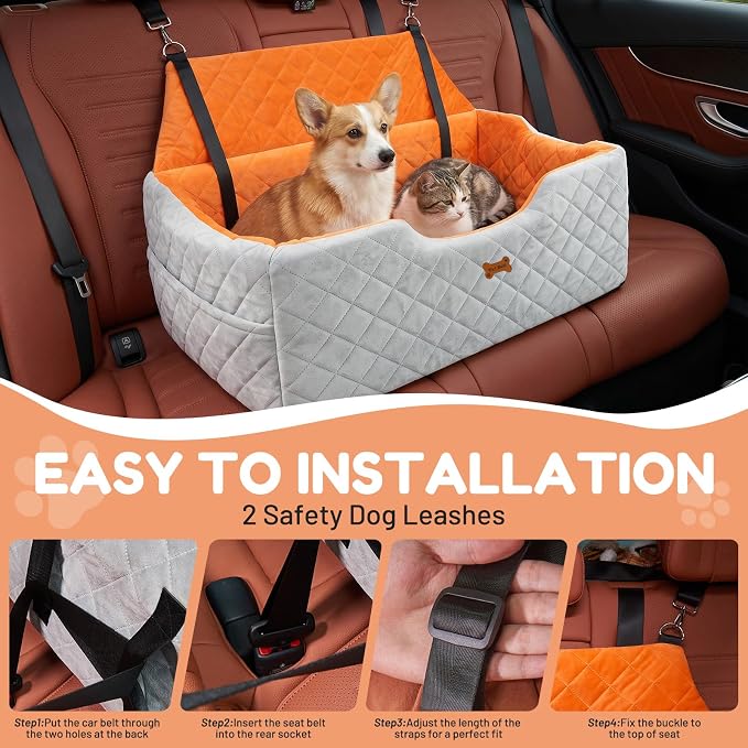 Dog Car Seat for Large Medium Dogs up to 55 lbs, Memory Foam Dog Booster Seat with Storage Pocket, 2 Safety Leashes,Washable Cover, Portable Anxiety Pet Travel Bed, Gray