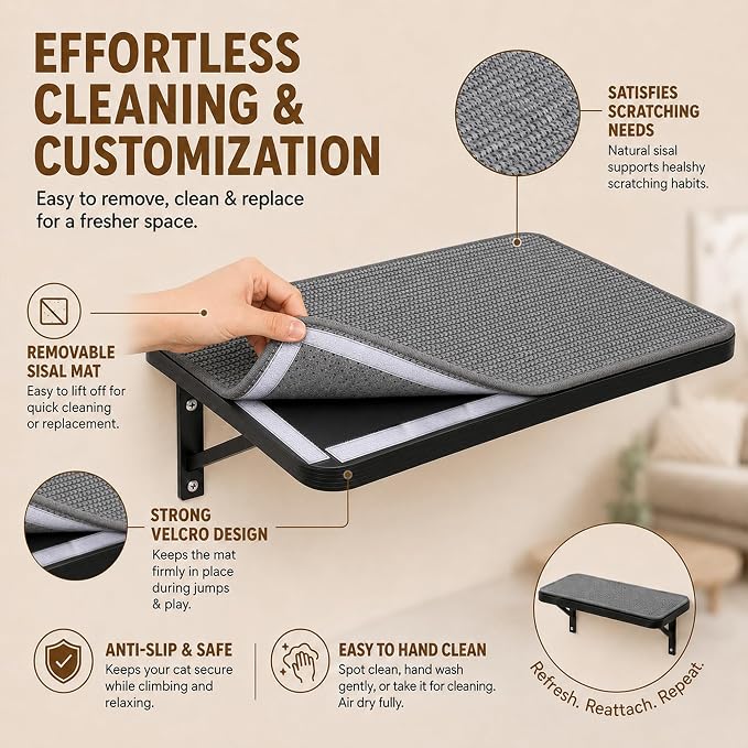 Cat Wall Shelves Set of 2, Black Solid Wood Cat Window Perch with Grey Sisal Cushion, Wall-Mounted Space-Saving Climbing Bed, Lounging Shelf for Kittens & Cats, Black Furniture for Indoor