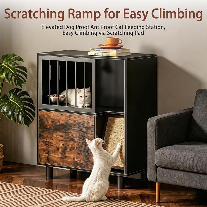 Dog Proof Cat Feeder Station – Elevated Feeding Table with Stainless Steel Bowls, Scratching Board & Storage Locker, Anti-Dog, Sturdy, Easy Assembly, Outdoor Wood Furniture