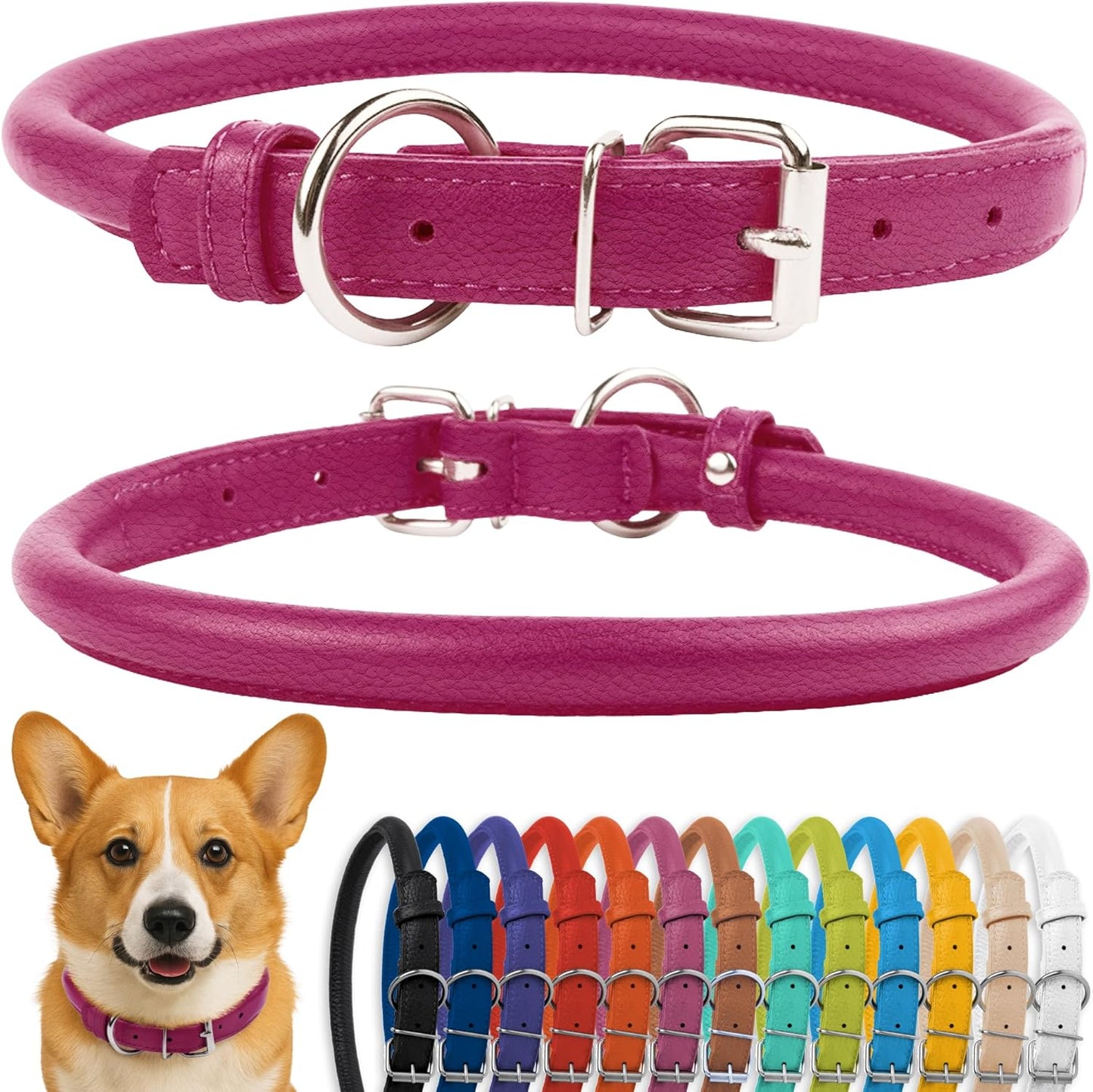 CollarDirect Rolled Leather Dog Collar, Soft Padded Round Puppy Collar, Handmade Genuine Leather Collar Dog Small Large Cat Collars 13 Colors (13-16 Inch, Pink Textured)