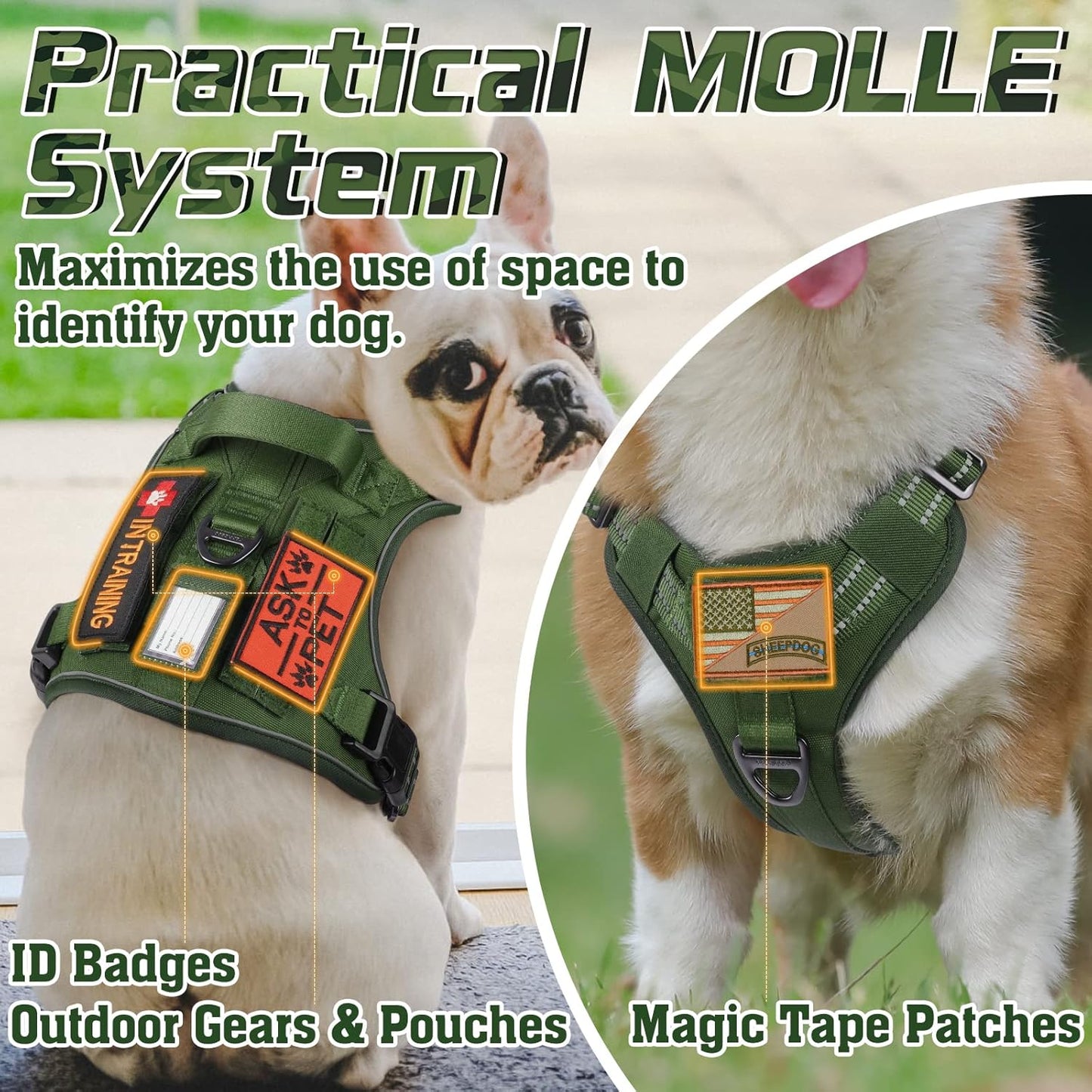 rabbitgoo Tactical Dog Harness for Large Dogs, No Pull Military Service Vest with Handle & Molle, Easy Control for Training Walking, Adjustable Reflective Straps, Green, L